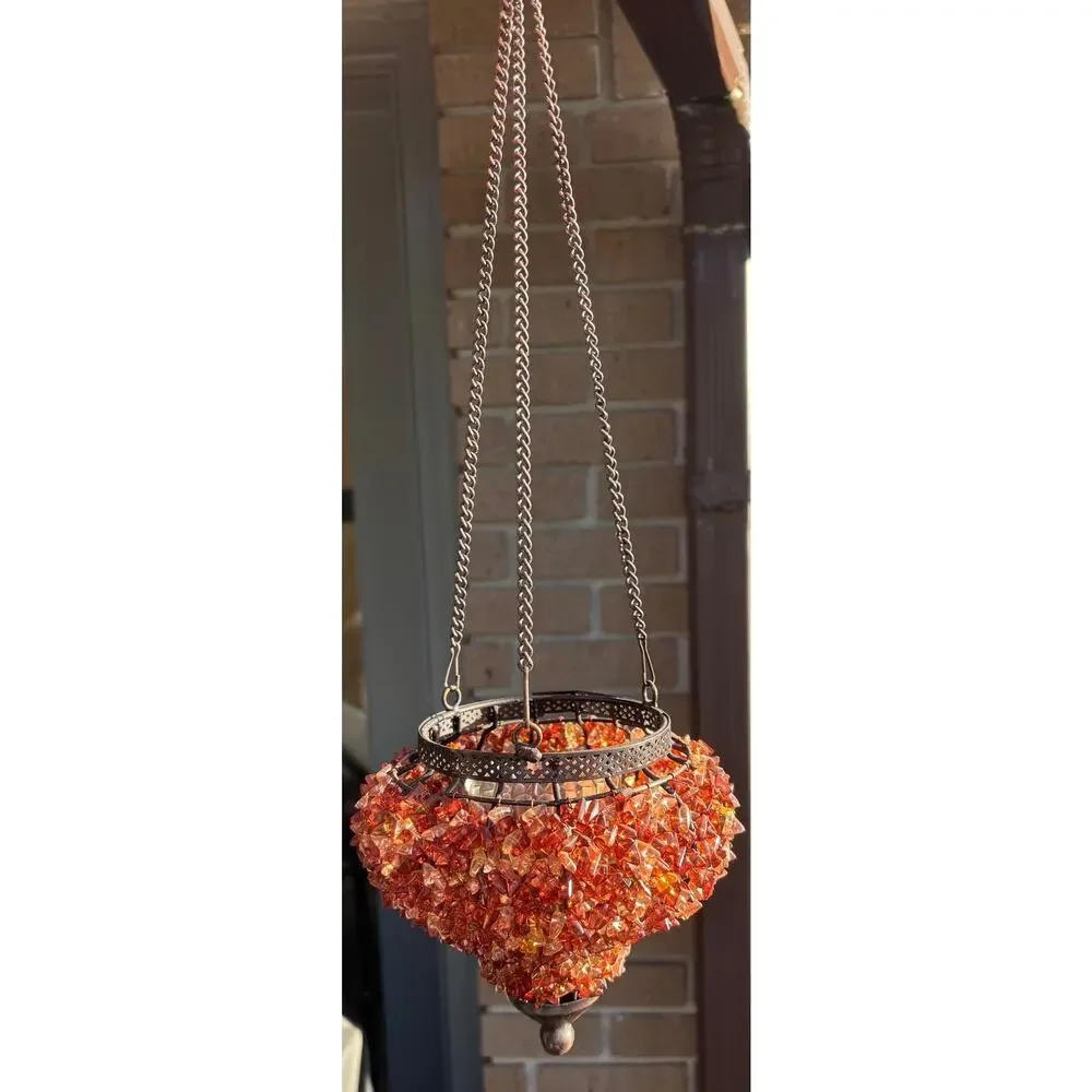 Vintage Hanging TeaLight Candle Holder Amber Glass Beads Metal Frame NOS New